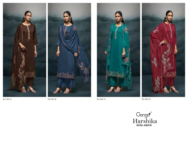 Harshika 3182 By Ganga Cotton Silk Satin Dress Material Exporters In India